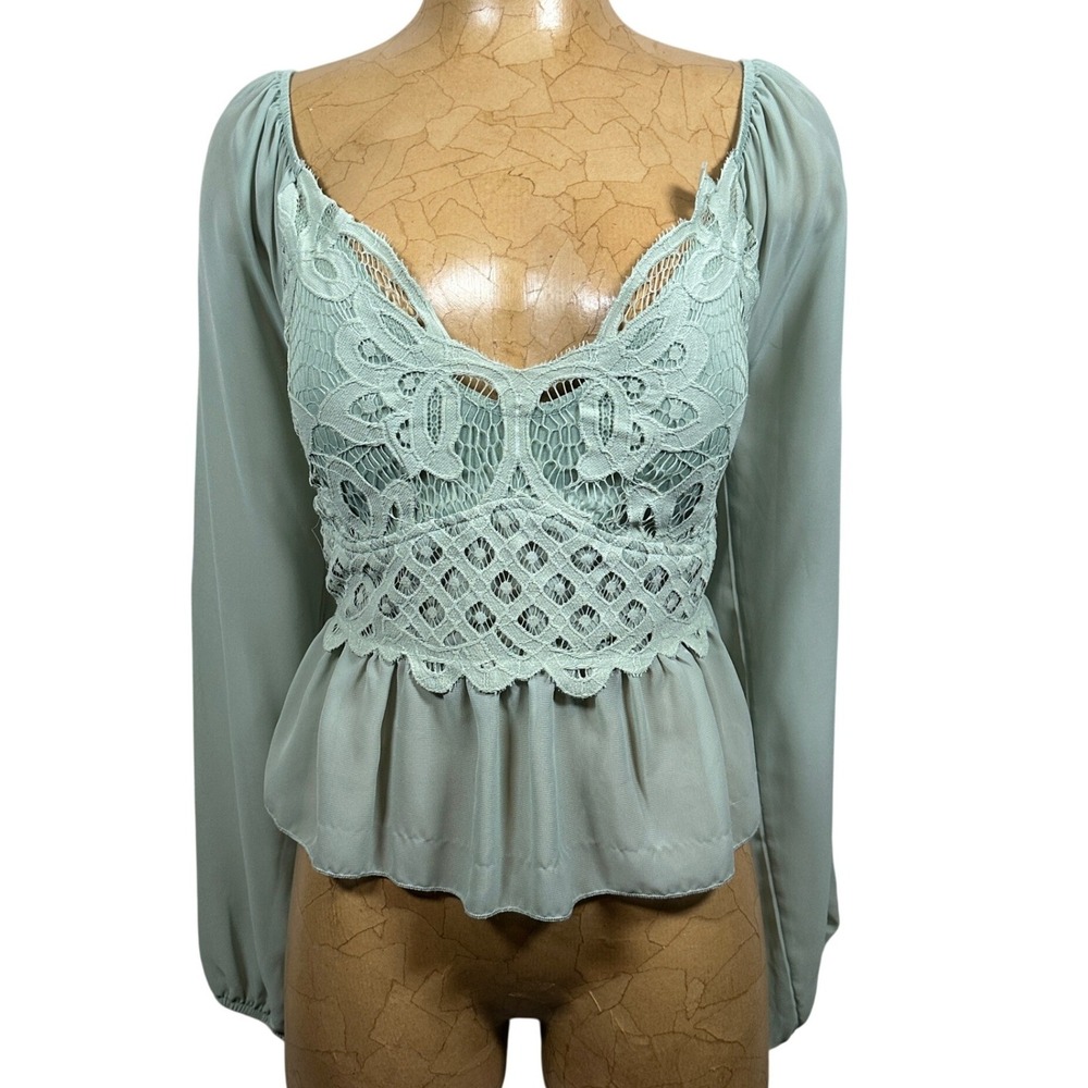 Rue21 Sage Green Lace Peplum Top Long Sleeve Smocked Back 1X Fairy Cottage